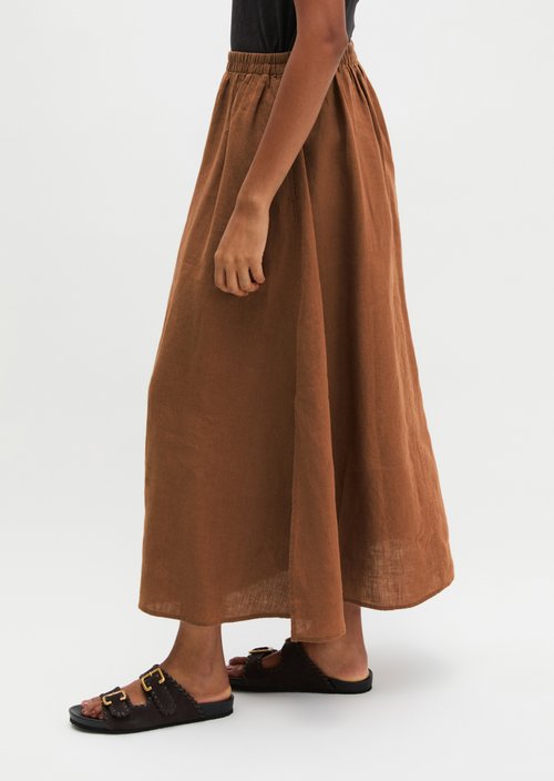 Long linen skirt A-shape — Burnt Brown