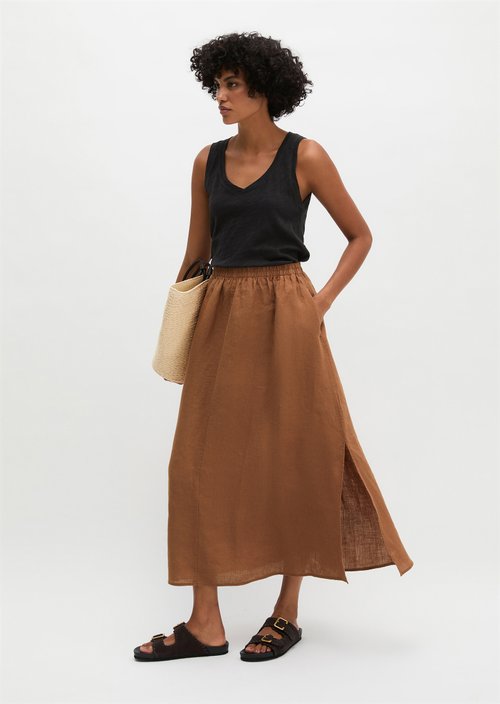 Long linen skirt A-shape — Burnt Brown