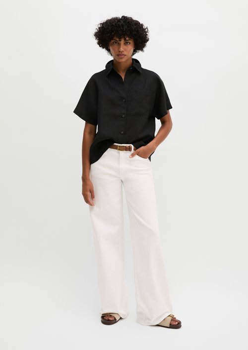 Regular short-sleeved linen blouse — Black