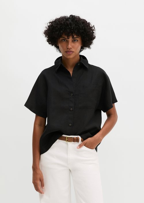 Regular short-sleeved linen blouse — Black