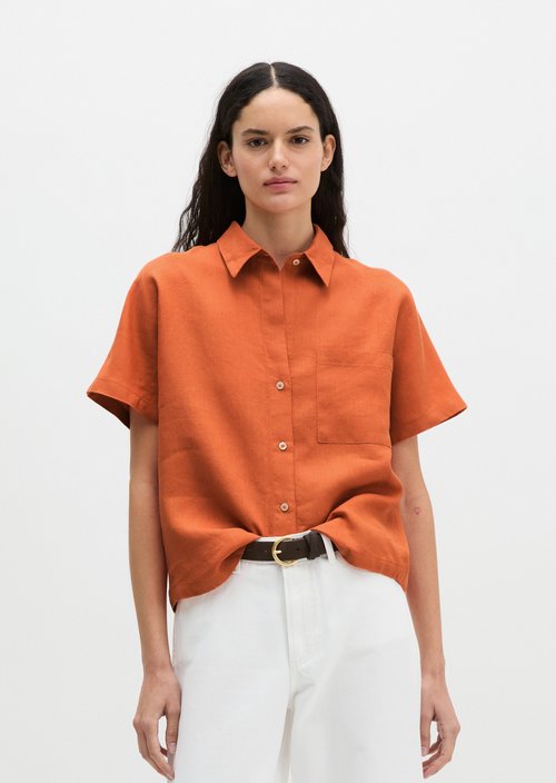 Regular short-sleeved linen blouse — Warm Orange