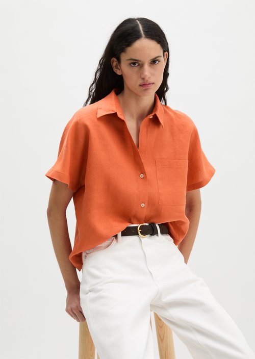 Regular short-sleeved linen blouse — Warm Orange