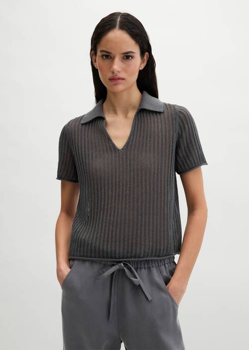 Ajour knitted polo regular Oxide Grey in front view