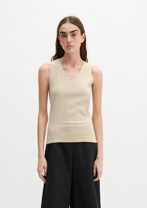 Slim-Fit V-Neck Top — Linen Beige