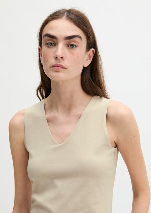 Slim-Fit V-Neck Top — Linen Beige