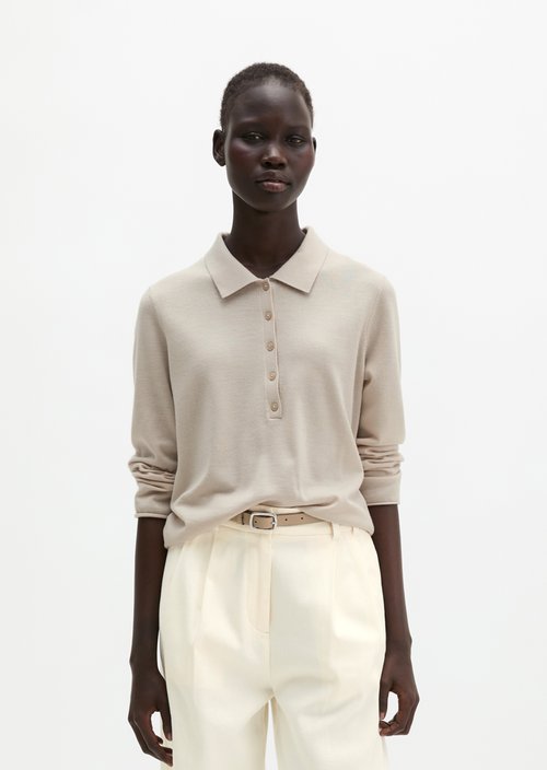 Regular fine knit polo shirt — Linen Beige