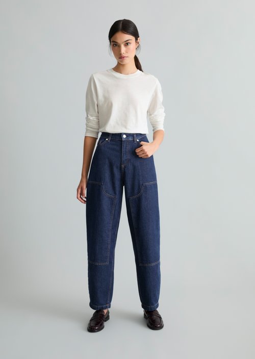 Jeans, Stine Model, Relaxed Barrel Cropped — Dark Blue