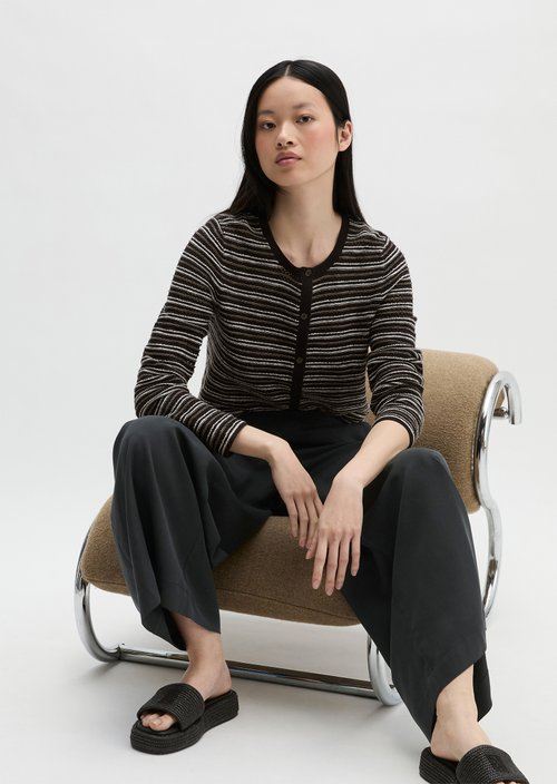 Striped ajour cardigan regular — Black