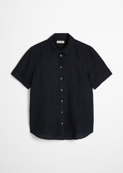 Regular short-sleeved linen blouse — Deep Night Blue