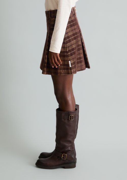 Checkered Corduroy A-Line Mini Skirt — Medium Brown