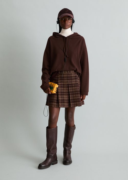 Checkered Corduroy A-Line Mini Skirt — Medium Brown