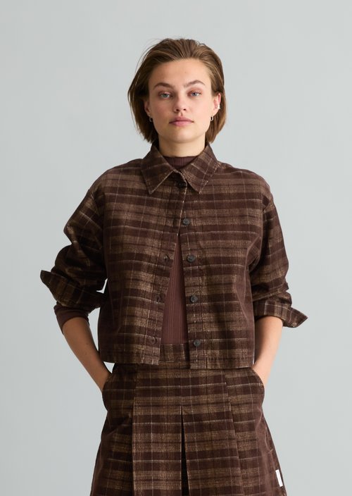Relaxed Checkered Corduroy Blouse — Medium Brown