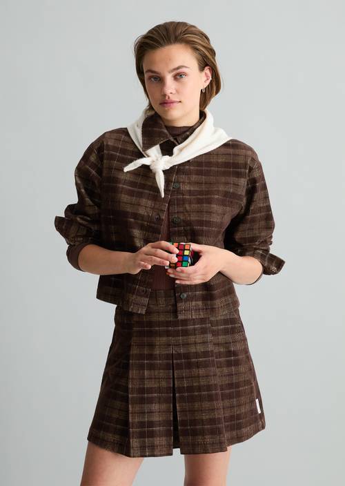 Karierte Cordbluse relaxed Medium Brown in Frontalansicht