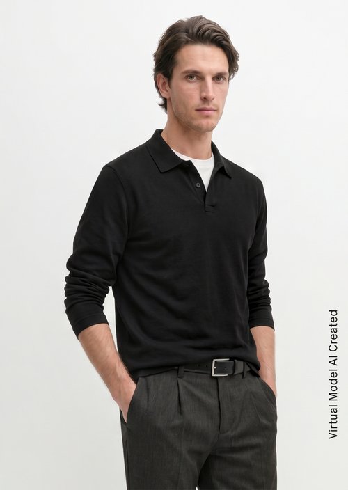 Regular-Fit Long-Sleeve Polo Shirt — Black