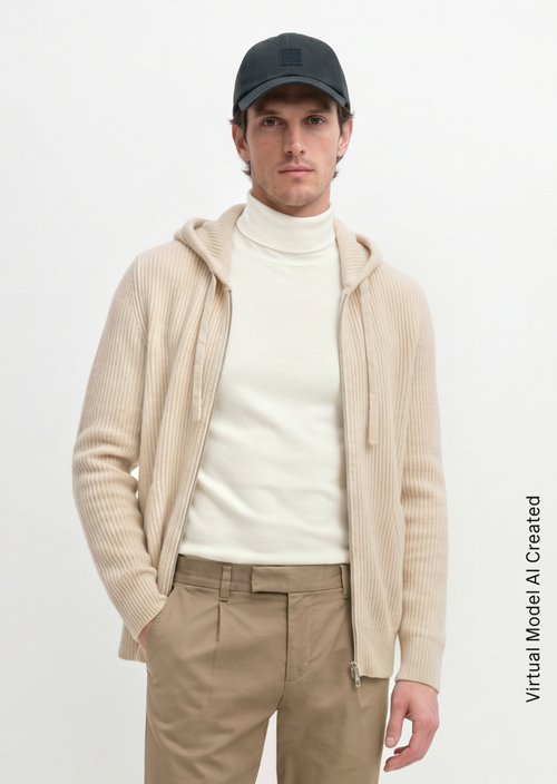 Regular-Fit Hooded Cardigan — Linen Beige