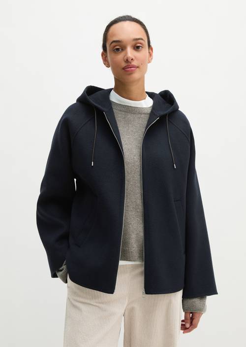 Wool hooded cape jacket relaxed Deep Night Blue in front view
