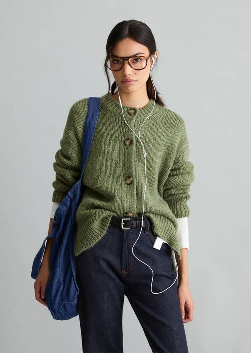 Relaxed Cardigan Medium Green Melange in front view