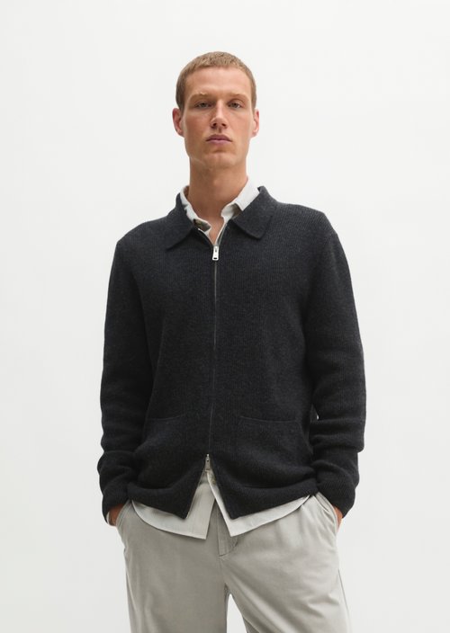Regular-Fit Tweed Cardigan — Dark Grey Melange