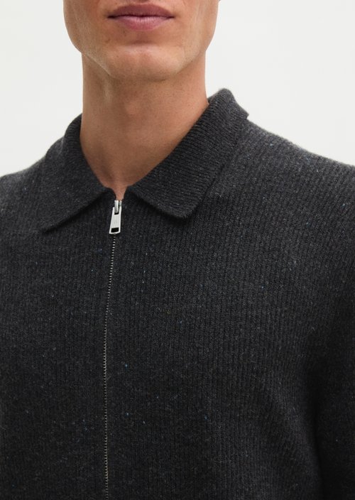 Regular-Fit Tweed Cardigan — Dark Grey Melange