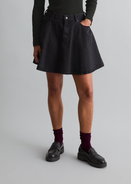Pinstriped Flared Denim Mini Skirt — Dark Grey