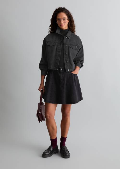 Pinstriped Flared Denim Mini Skirt Dark Grey in front view