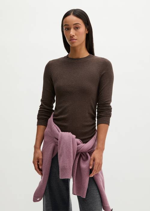 T-shirt à manches longues côtelé, coupe ajustée Stone Brown Melange en vue de face