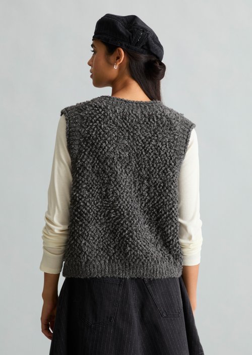 Sleeveless Bubble Bouclé Cardigan, Regular Fit — Dark Shadow Melange