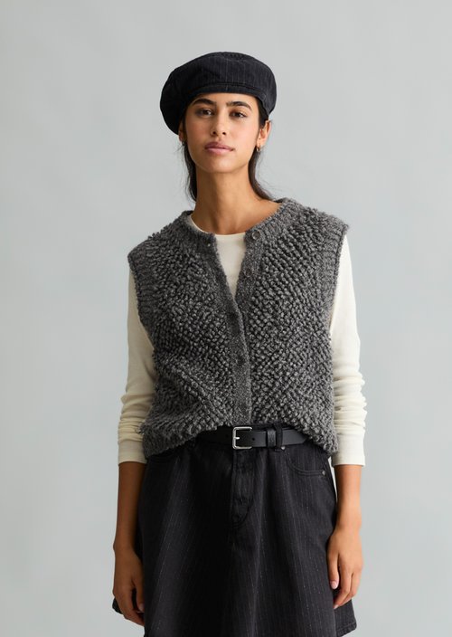 Sleeveless Bubble Bouclé Cardigan, Regular Fit — Dark Shadow Melange
