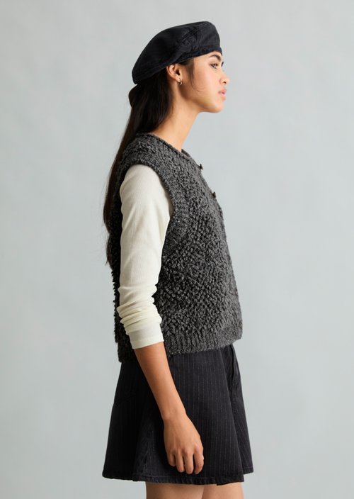 Sleeveless Bubble Bouclé Cardigan, Regular Fit — Dark Shadow Melange
