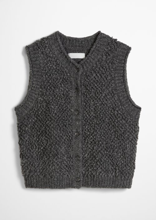 Sleeveless Bubble Bouclé Cardigan, Regular Fit — Dark Shadow Melange
