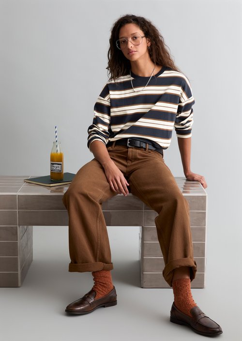 Relaxed-fit Striped Long-Sleeve Shirt — Dark Blue