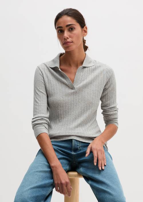 Polo-Longsleeve slim Clear Grey Melange in Frontalansicht