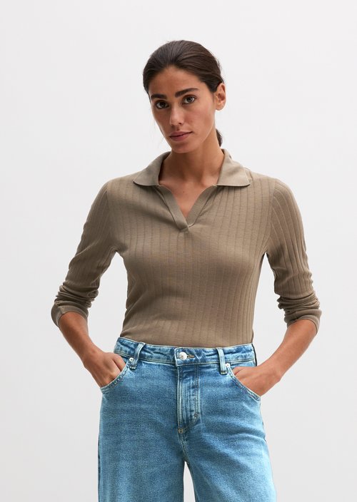 Slim-Fit Long-Sleeve Polo Shirt — Milky Brown