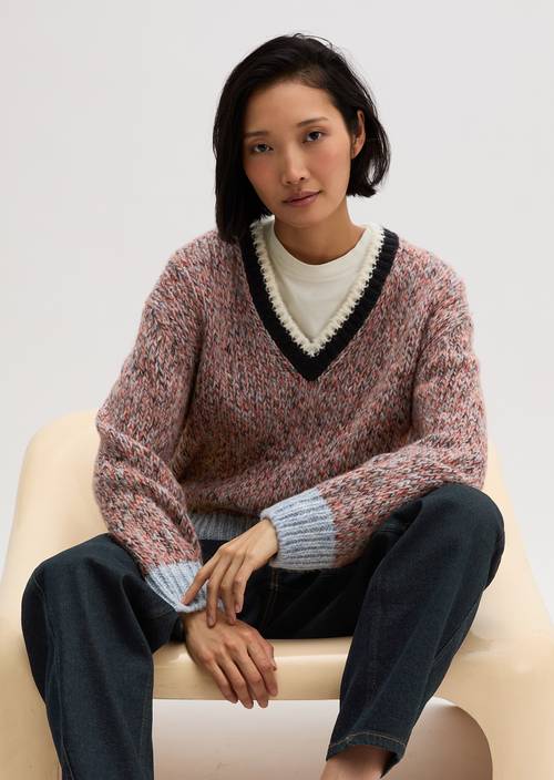 Fluffy V-Neck Sweater, Regular Fit Medium Blue in front view