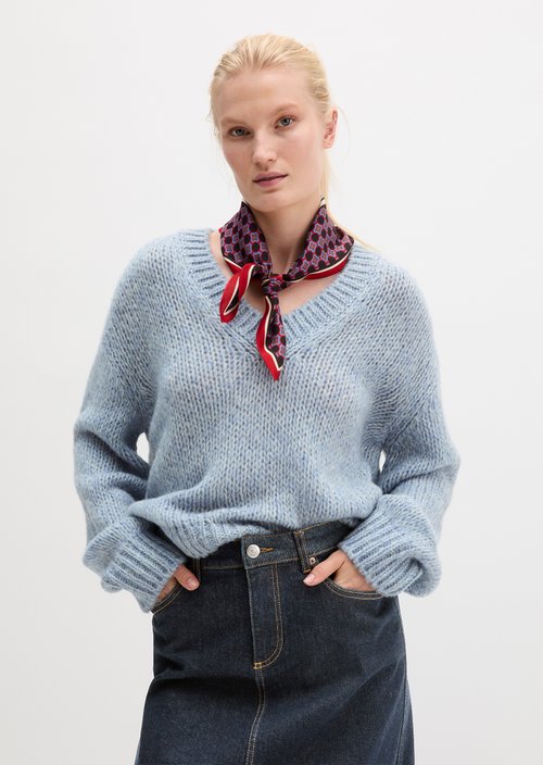 Fluffy V-Neck Sweater, Regular Fit — Light Blue