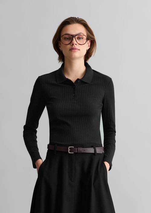 Slim-Fit Long-Sleeve Polo Shirt — Black