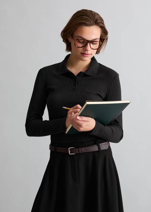 Slim-Fit Long-Sleeve Polo Shirt Black in front view