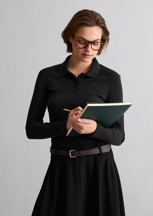 Slim-Fit Long-Sleeve Polo Shirt — Black