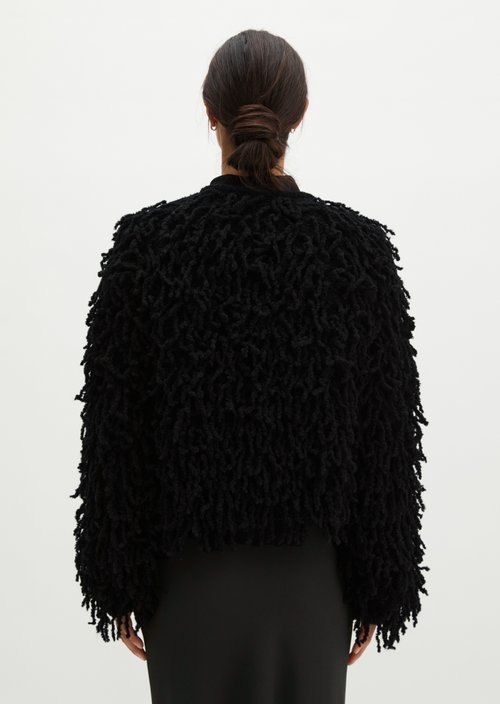 Cropped Fringed Cardigan — Black