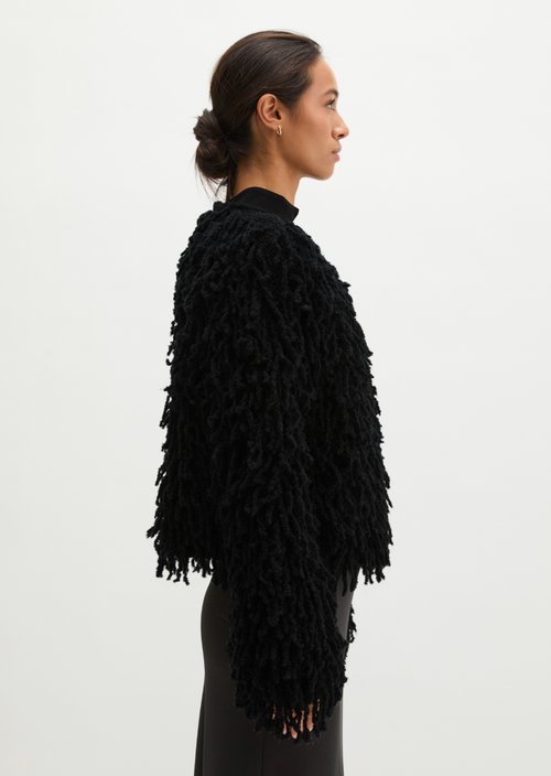 Cropped Fringed Cardigan — Black