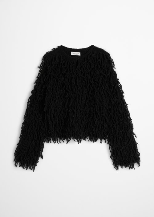 Cropped Fringed Cardigan — Black