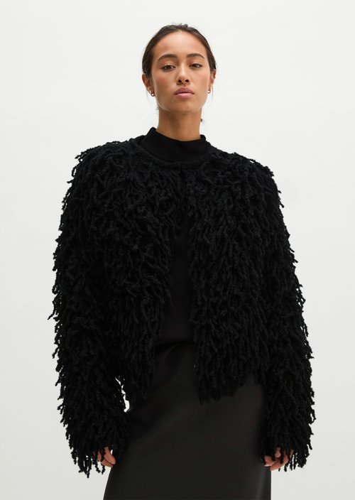 Cropped Fringed Cardigan — Black