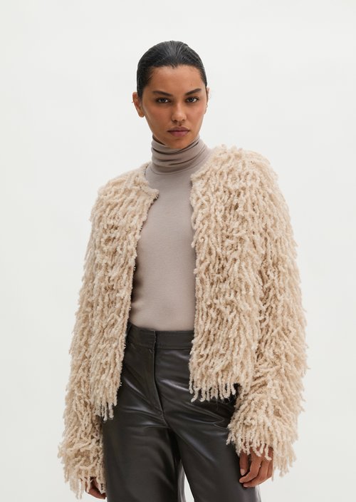 Cropped Fringed Cardigan — Light Stone Melange