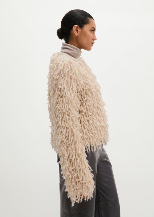 Cropped Fringed Cardigan — Light Stone Melange