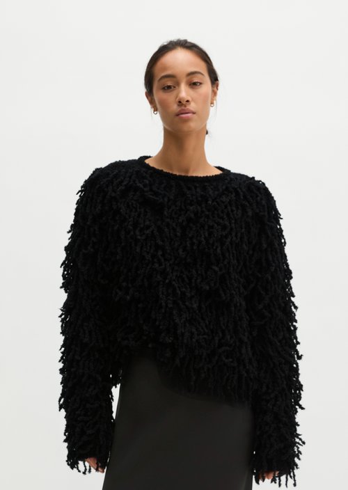 Cropped fringed sweater — Black