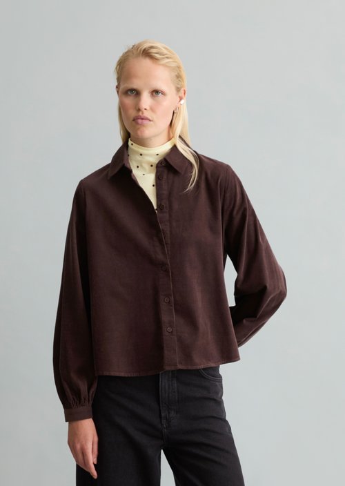 Fine-cord Long-Sleeve Blouse, Regular Fit — Espresso Brown