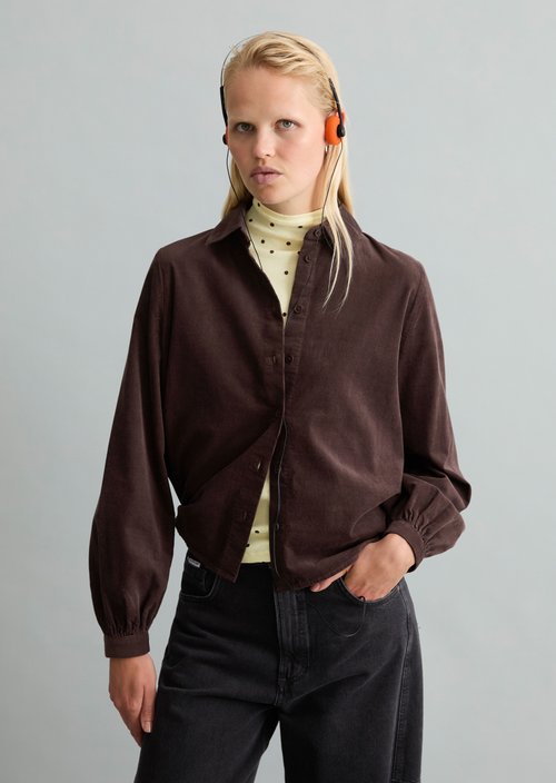 Fine-cord Long-Sleeve Blouse, Regular Fit — Espresso Brown