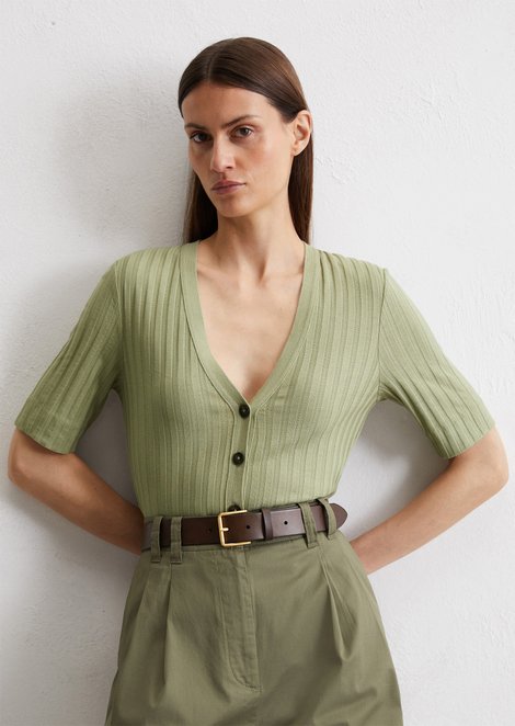 Marc O'Polo Pointelle vest korte mouw slim, Dames, groen, Xl, 50% Modal, 50% Katoen