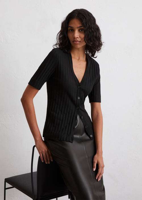 Black Organic Cotton Ribbed Cardigan Pointelle Short Sleeve