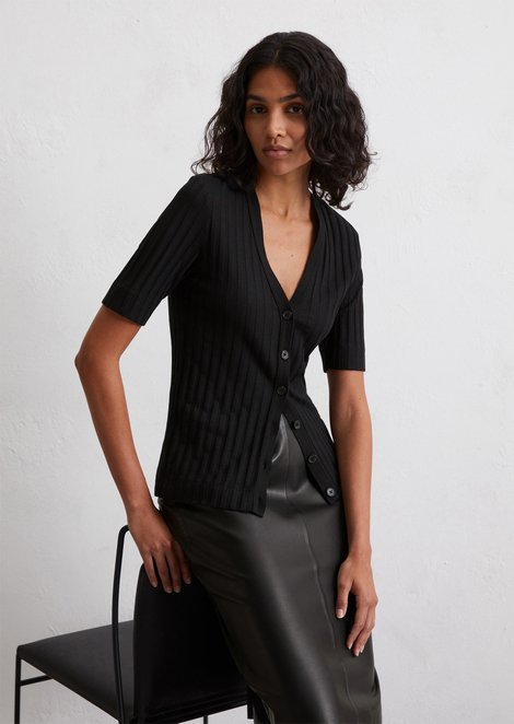 Marc O'Polo Pointelle vest korte mouw slim, Dames, zwart, Xxs, 50% Modal, 50% Katoen